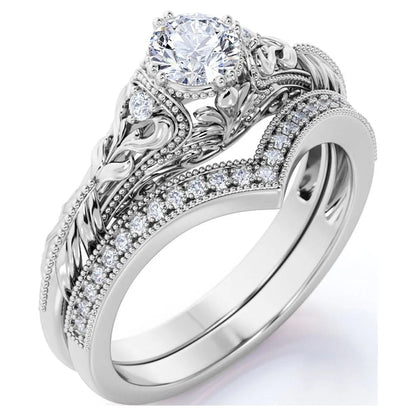 Engraved .68 Carat round Cut Real Diamond Victorian-Inspired Wedding Ring Set with Chevron Wedding Band in 10K White Gold
