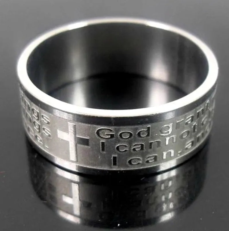 Newest Etch Christian Serenity Prayer Cross Stainless Steel Ring Silver Fashion Jewelry Band Ring Size 8 to 12 for Man Women God001