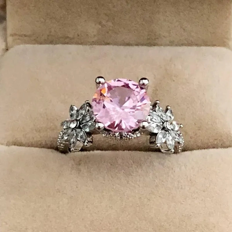 Women 925 Silver Plated Pink CZ Sapphire Wedding Birthstone Bride Flower Jewelry Ring Size 6-10