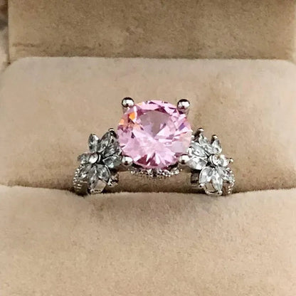 Women 925 Silver Plated Pink CZ Sapphire Wedding Birthstone Bride Flower Jewelry Ring Size 6-10