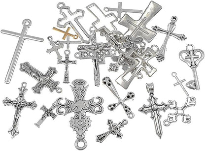 Christian Cross Charm Assorted Alloy Crucifix Pendant Connector for DIY Necklace Bracelet Jewelry Making Accessaries(25Pcs,Antique Silver)