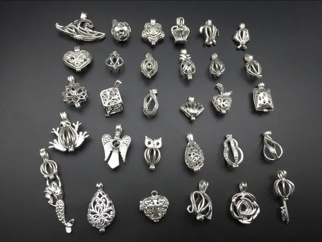 Random 10Pcs Silver Mixed Design Necklace Bracelet Jewelry Made Pearl Pearl Cage Oil Diffuser Pendant.