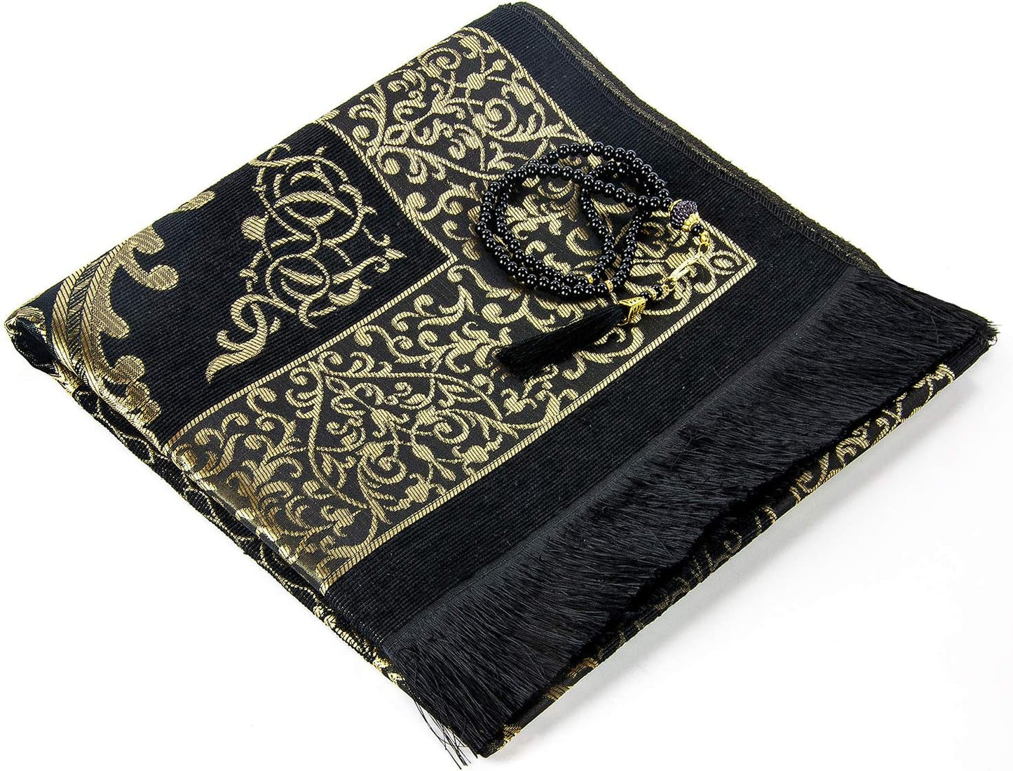 Muslim Prayer Rug and Prayer Beads with Elegant Design Cylinder Gift Box, Janamaz, Sajadah, Soft Islamic Gifts Set, Carpet Mat, Taffeta Fabric, Black