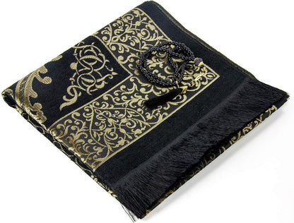 Muslim Prayer Rug and Prayer Beads with Elegant Design Cylinder Gift Box, Janamaz, Sajadah, Soft Islamic Gifts Set, Carpet Mat, Taffeta Fabric, Black