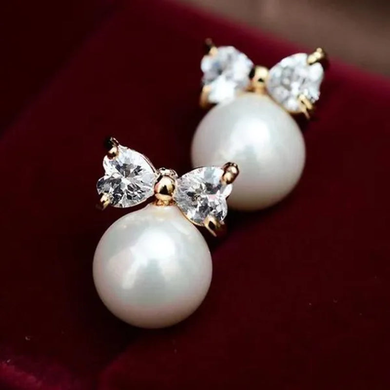 New Fashion 925 Sterling Silver Diamond Women's Bow Pearl Charming Stud Earrings