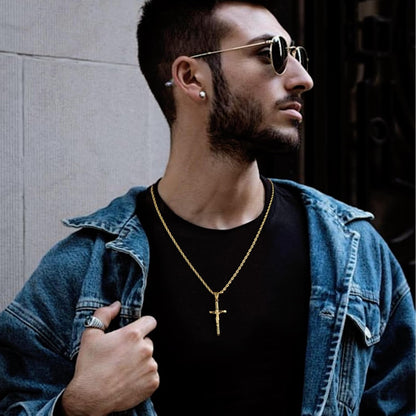 Sterling Silver Plated Cross Necklace for Men Gold Plated Cross Necklaces for Women Trendy Stainless Steel Crucifix Pendant with 3Mm 21Inch Rope Chain