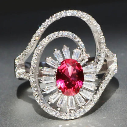 Gorgeous Silver Natural Gemstones Ruby Wedding Birthstone Bride Engagement Multilevel Oval Leaf Ring Jewelry Size 6 7 8 9 10