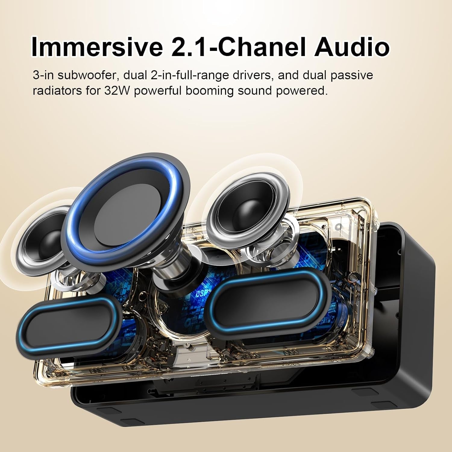 Soundbox XL Bluetooth Speaker with Subwoofer, 32W Loud Sound with Booming Bass, Dual DSP Technologies, 10H Playtime, USB-C, TWS, 2.1 Audio Channel for Home, Indoor and Office - Gold - WORLD TIME VISITS