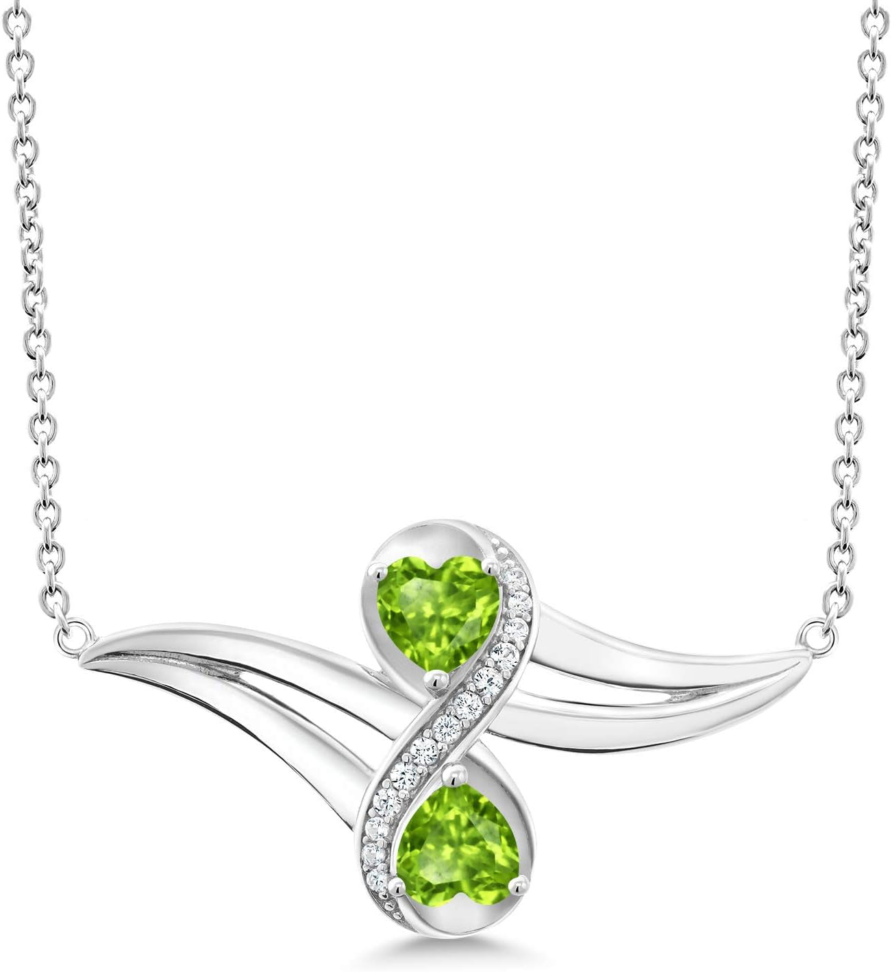 925 Sterling Silver Green Peridot and White Created Sapphire 2 Heart Infinity Pendant Necklace for Women (1.13 Cttw, Gemstone Birthstone, with 18 Inch Silver Chain)