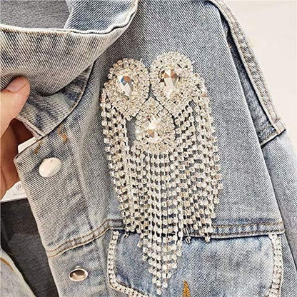 Beaded Diamond Waterdrop Design Patches Crystal Fringe Tassel Rhinestones Shoulder Badges Brooches Women Dress Applique 2Piece