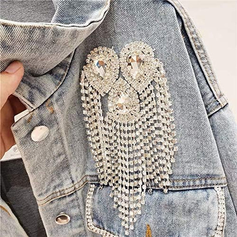 Beaded Diamond Waterdrop Design Patches Crystal Fringe Tassel Rhinestones Shoulder Badges Brooches Women Dress Applique 2Piece