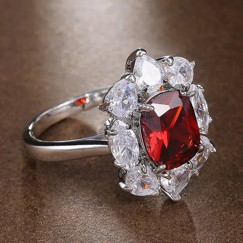 Luxury 925 Sterling Silver Natural Ruby Diamond Ring Bridal Wedding Engagement Fine Jewelry Size 6-10