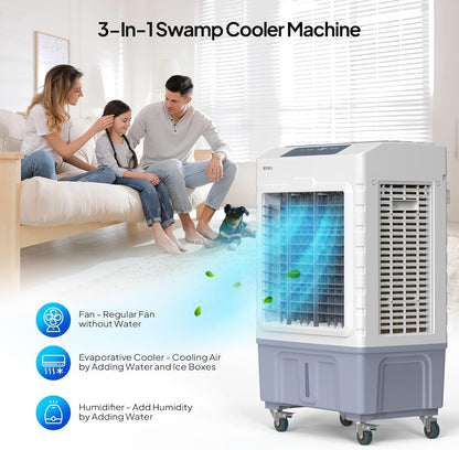 10.5Gallon Evaporative Air Cooler, 2600CFM Portable Swamp Cooler with Remote Control, Oscillation, 3 Speeds, 7.5H Timer & 40L Water Tank, 3-IN-1 Cooling Fan for Home Office Garage Outdoor
