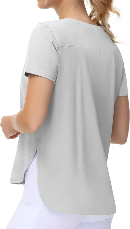 Women'S Workout T-Shirts Loose Fit Short Sleeve Cotton Running Basic Tee Tops with Split Hem