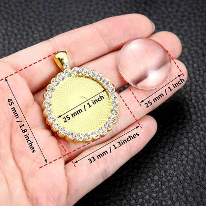 30 Pieces Rhinestone Bezel Pendant Trays Cabochon Pendant Setting Alloy with Clear Glass Cabochons for Photo Pendant DIY Jewelry Making, 3 Colors (Gold, Silver, Rose Gold)