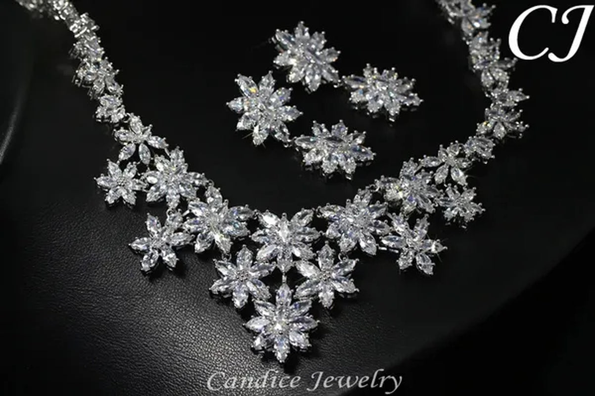 CANDICE Platinum Plated Marquise CZ Stone Wedding Necklace and Earring Bridal Jewelry Sets