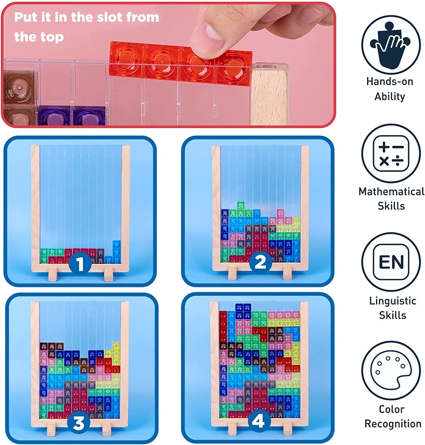Wooden Blocks Puzzle Brain Teasers Toy, Intelligent Colorful 3D Plastic Blocks Game with Vertical Wood Frame Game Board, Tangram Educational Montessori Toys Gift for Kids Age 4-8 Years Old