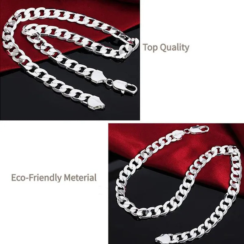 2PCS (Bracelet + Necklace) 925 Sterling Silver Women Men Fashion Jewelry Set Curb Chain Necklace Bracelet 925 Silver Jewelry High Quality Necklace Bracelet 16-30 Inches