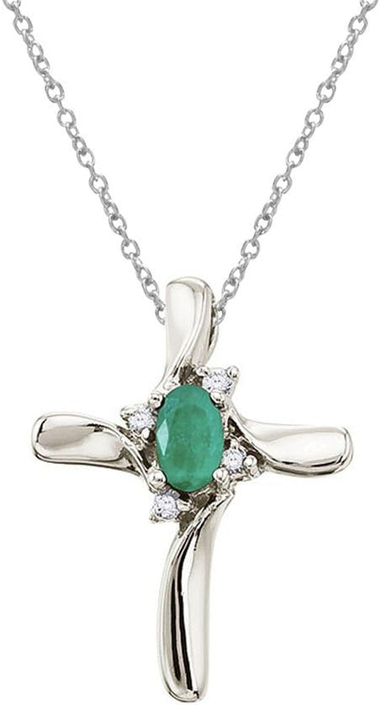 10K White Gold Emerald and Diamond Cross Pendant with 18" Chain