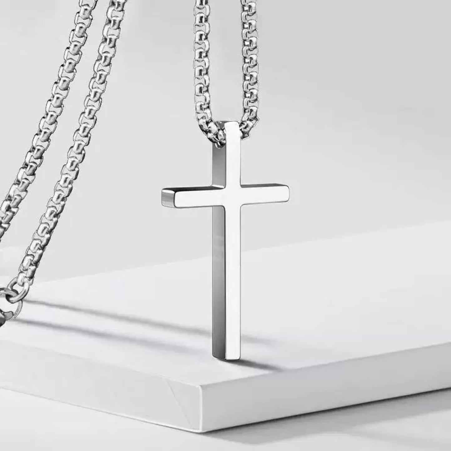 Cross Necklace for Men, Silver Cross Stainless Steel Pendant Necklace, Mens Cross Chain