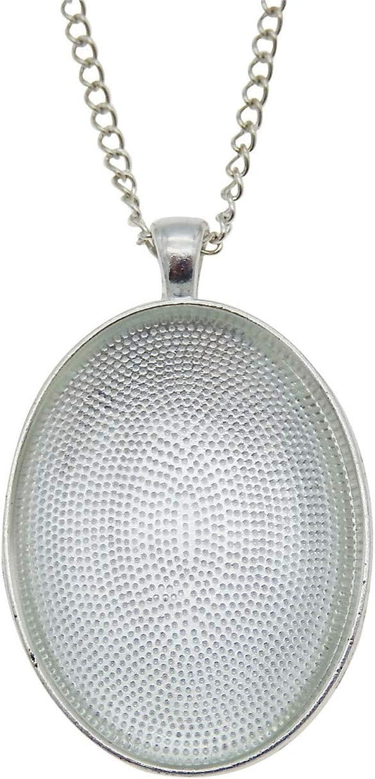 10 Sets Oval Bezel Pendant Kit with Glass Cabochon and Chain for Jewelry Making Necklace Silver 40X30Mm - WORLD TIME VISITS