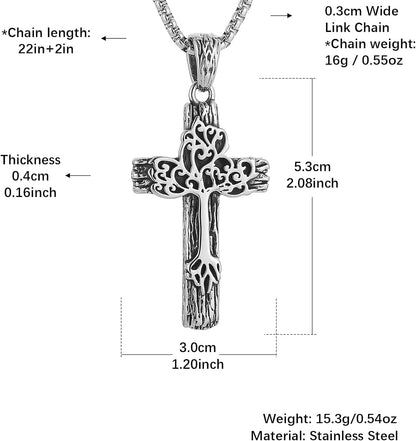Retro Cross Necklace for Men Stainless Steel Tree of Life Cross Pendant Necklace Spiritual Belief Amulet Jewelry Gift