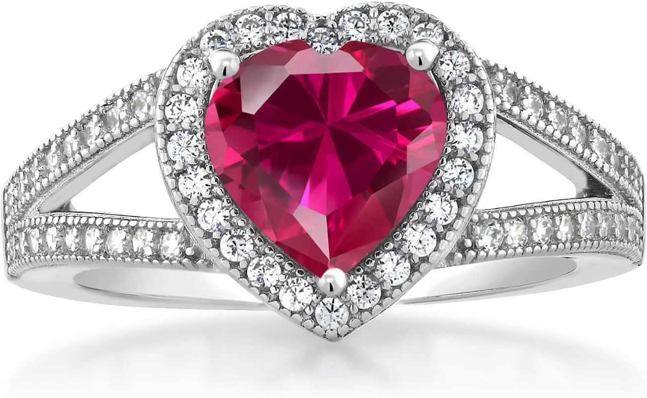 925 Sterling Silver Red Created Ruby and White Moissanite Ring for Women (2.41 Cttw, Gemstone July Birthstone, Heart Shape 8MM, Available in Size 5,6,7,8,9) - WORLD TIME VISITS
