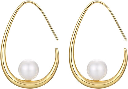 14K Gold Plated Lightweight Pearl Earrings,Trendy Jewelry,Teardrop Hoop Earrings for Women,Pearl Drop Earrings,Elegant Jewelry for Gifts