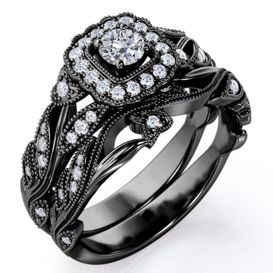 round Diamond - Edwardian Diamond Filigree Ring - Art Deco Style - Wedding Ring Set in 10K Black Gold
