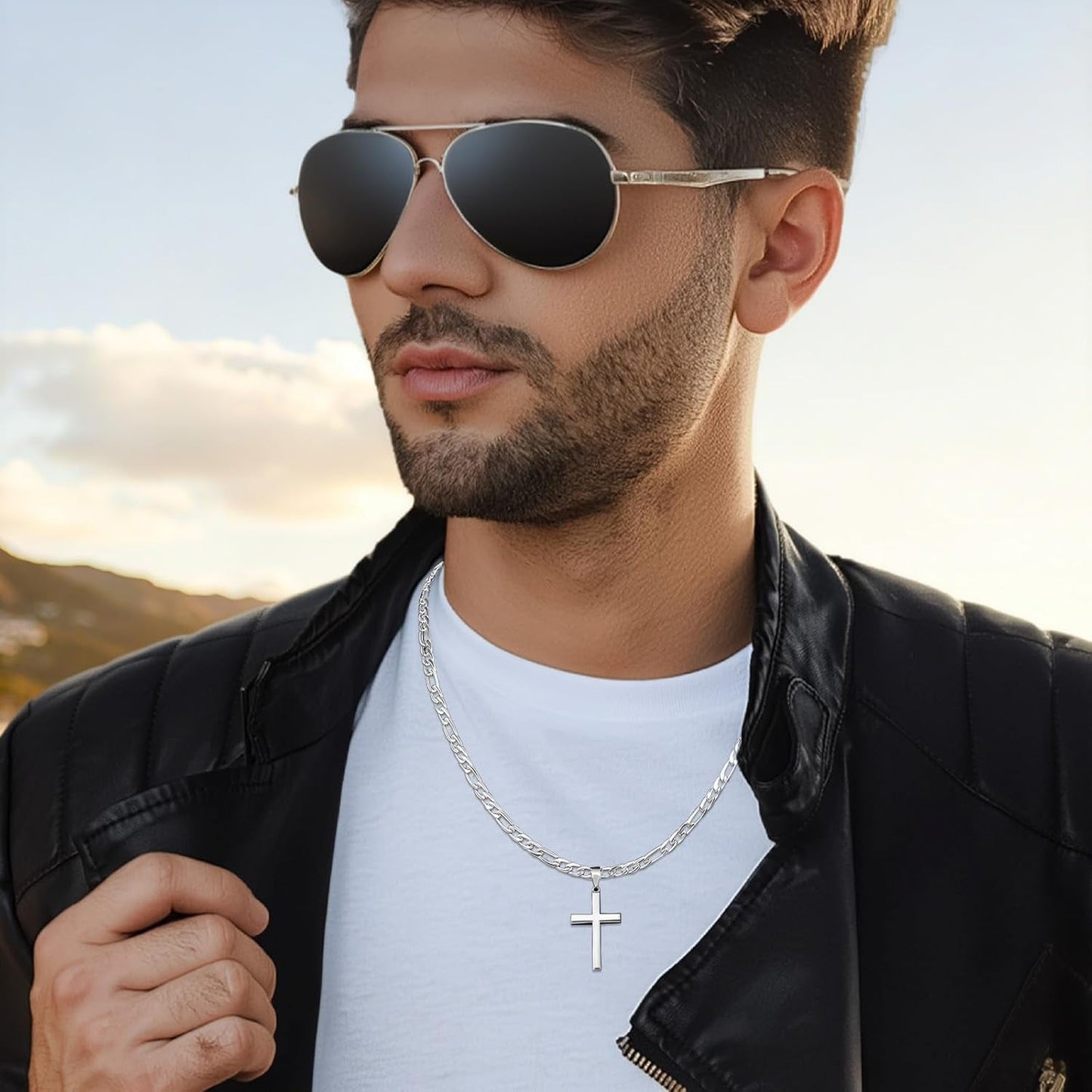 S925 Sterling Silver Beveled Edge Cross Necklace for Men Women with 5Mm Figaro Link Chain, Gold Plated/Sterling Silver Fashionable Men'S Crucifix Pendant Chain Necklaces 16-30 Inches