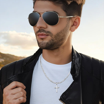 S925 Sterling Silver Beveled Edge Cross Necklace for Men Women with 5Mm Figaro Link Chain, Gold Plated/Sterling Silver Fashionable Men'S Crucifix Pendant Chain Necklaces 16-30 Inches