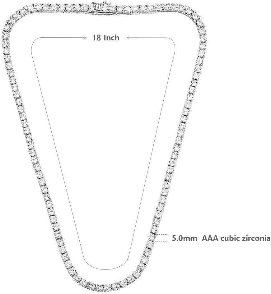 Tennis Necklace 18K White Gold Plated | 5.0-6.0Mm round Cubic Zirconia Cut Faux Diamond Tennis Chain for Women and Men 14-24 Inches
