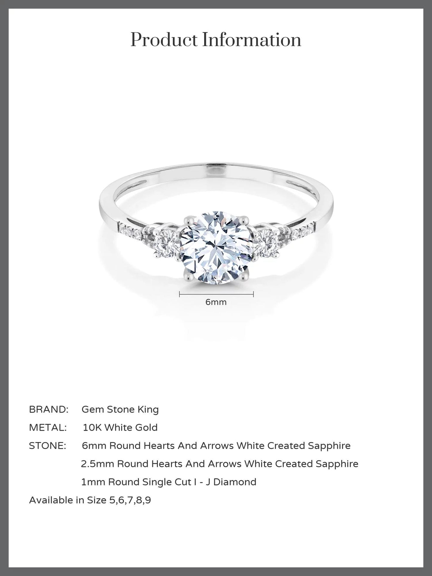 10K White Gold White Created Sapphire and White Diamond Accent 3-Stone Engagement Ring for Women (1.35 Cttw, round 6MM, Gemstone September Birthstone, Size 9)