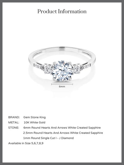 10K White Gold White Created Sapphire and White Diamond Accent 3-Stone Engagement Ring for Women (1.35 Cttw, round 6MM, Gemstone September Birthstone, Size 9)