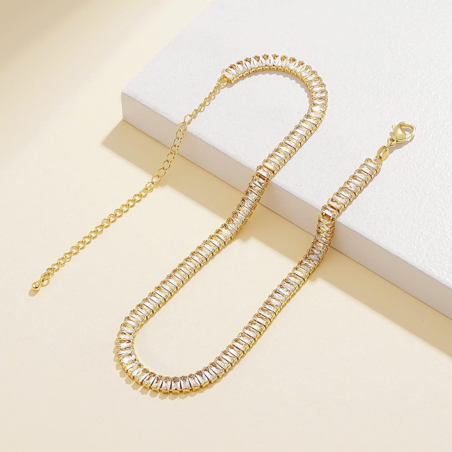 Diamond Tennis Necklace for Women, 14K/White Gold Plated Cubic Zirconia Baguette Tennis Chain Chunky Paperclip Link Cuban Choker Necklace Dainty Jewelry Gifts