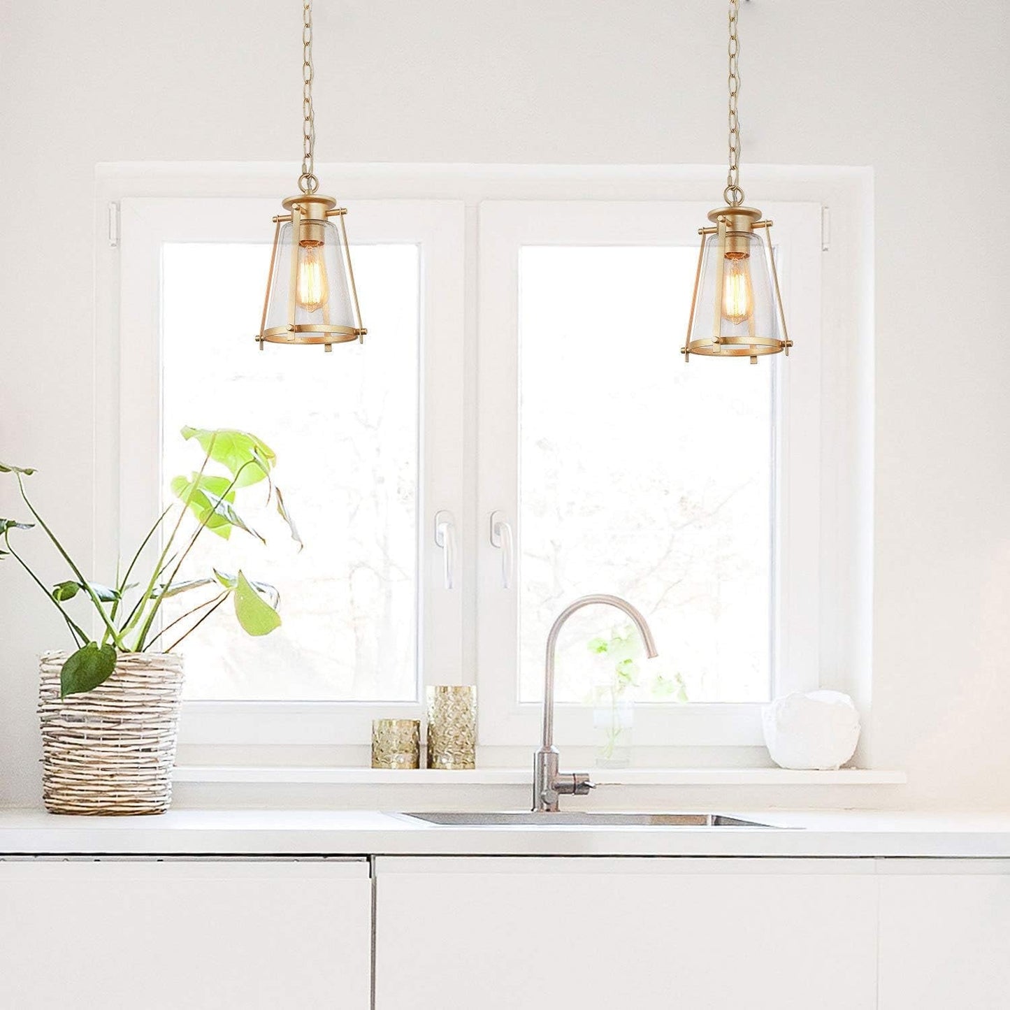 Gold Pendant Lighting for Kitchen Island, Hanging Brass Light Fixtures with Seeded Glass for Dining Room, Foyer