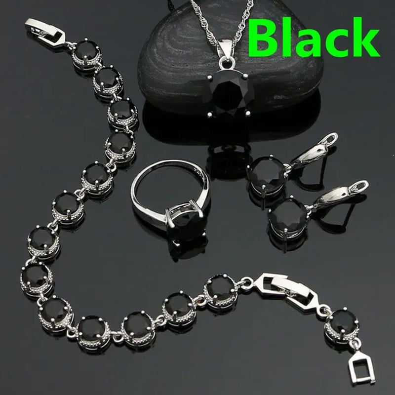 925 Sterling Silver Bridal Jewelry Sets Green Emerald Drop Earrings Ring Pendant Necklace Bracelet 4Pcs Birthday Gift for Women
