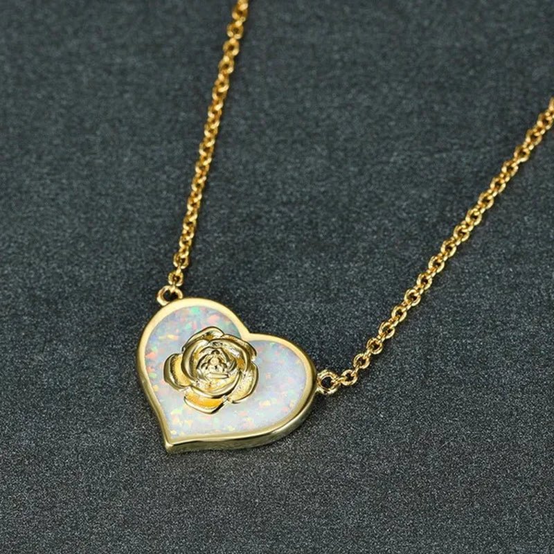 Dainty Female White Opal Pendant Necklace Charm rose gold color Chain Necklaces For Women Cute Flower Heart Wedding Necklace - WORLD TIME VISITS