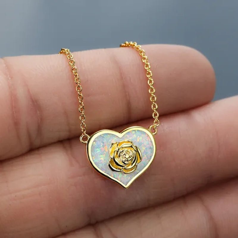 Dainty Female White Opal Pendant Necklace Charm rose gold color Chain Necklaces For Women Cute Flower Heart Wedding Necklace