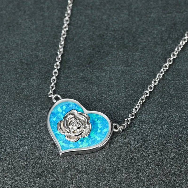 Dainty Female White Opal Pendant Necklace Charm rose gold color Chain Necklaces For Women Cute Flower Heart Wedding Necklace