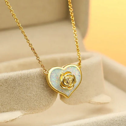 Dainty Female White Opal Pendant Necklace Charm rose gold color Chain Necklaces For Women Cute Flower Heart Wedding Necklace - WORLD TIME VISITS