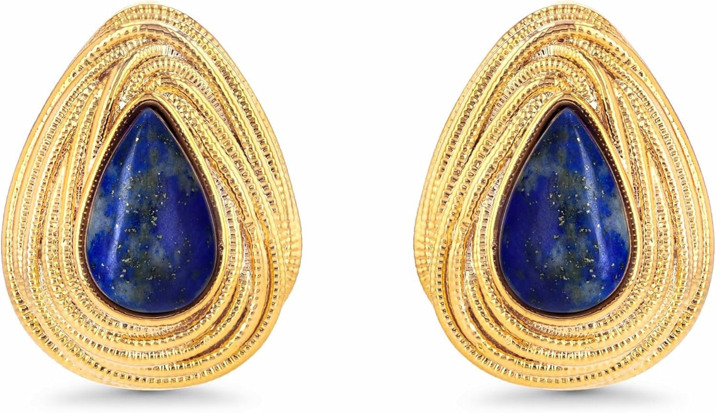 Dainty Oval Triangle Textured Blue Gold Lapis Lazuli Gemstone Statement Earrings for Women by , Small Vintage Button Chunky Bold Handmade Natural Exaggerated Retro Trendy Bohemian Jewelry Gifts, Unique Baroque Stone Summer Beach Fashion Stud Earrings Acce - WORLD TIME VISITS