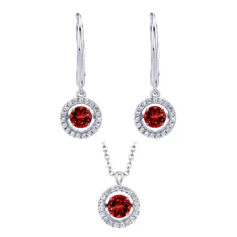 Dancing Genuine Garnet and Lab Created White Sapphire Pendant and Earring Set in Sterling Silver - WORLD TIME VISITS