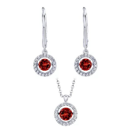 Dancing Genuine Garnet and Lab Created White Sapphire Pendant and Earring Set in Sterling Silver - WORLD TIME VISITS