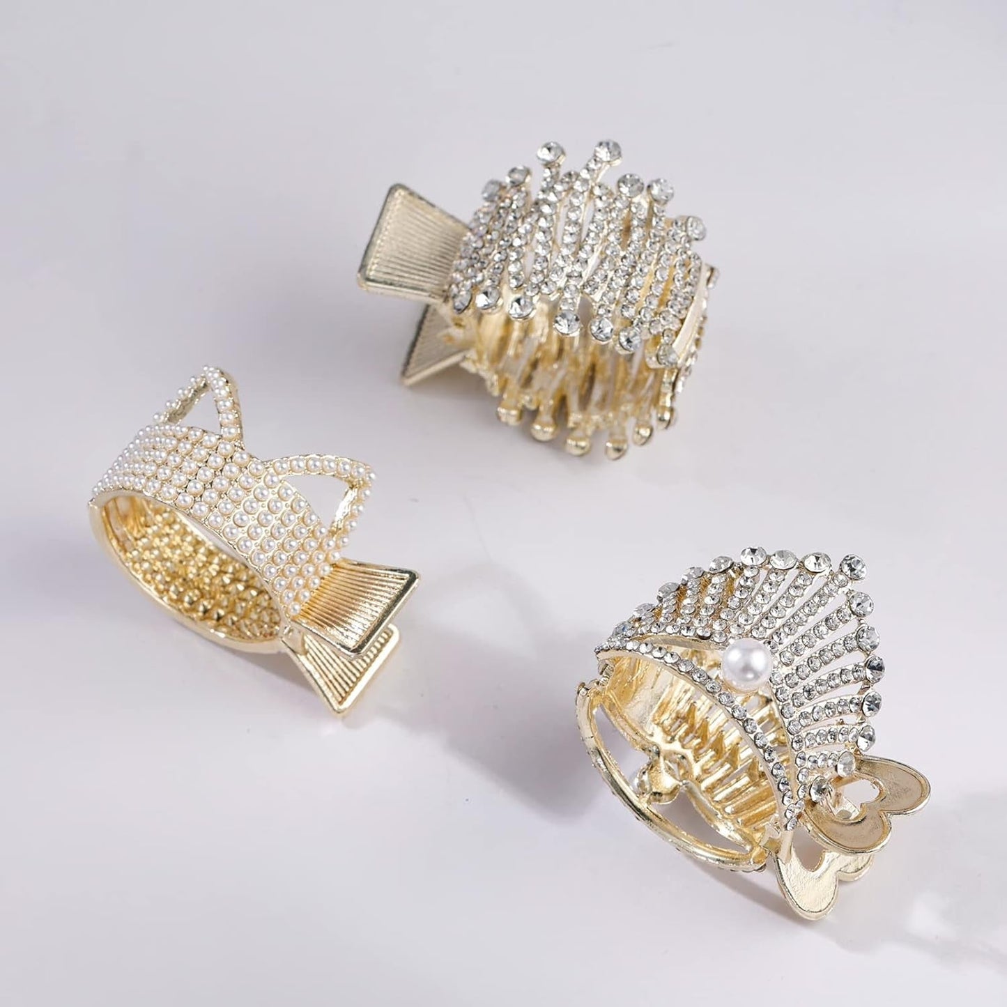 1.77Inch Small Hair Claw Clips for High Ponytail, Rhinestone Shark Hair Clips for Women Thick Long Hair Gold(Pack of 3)