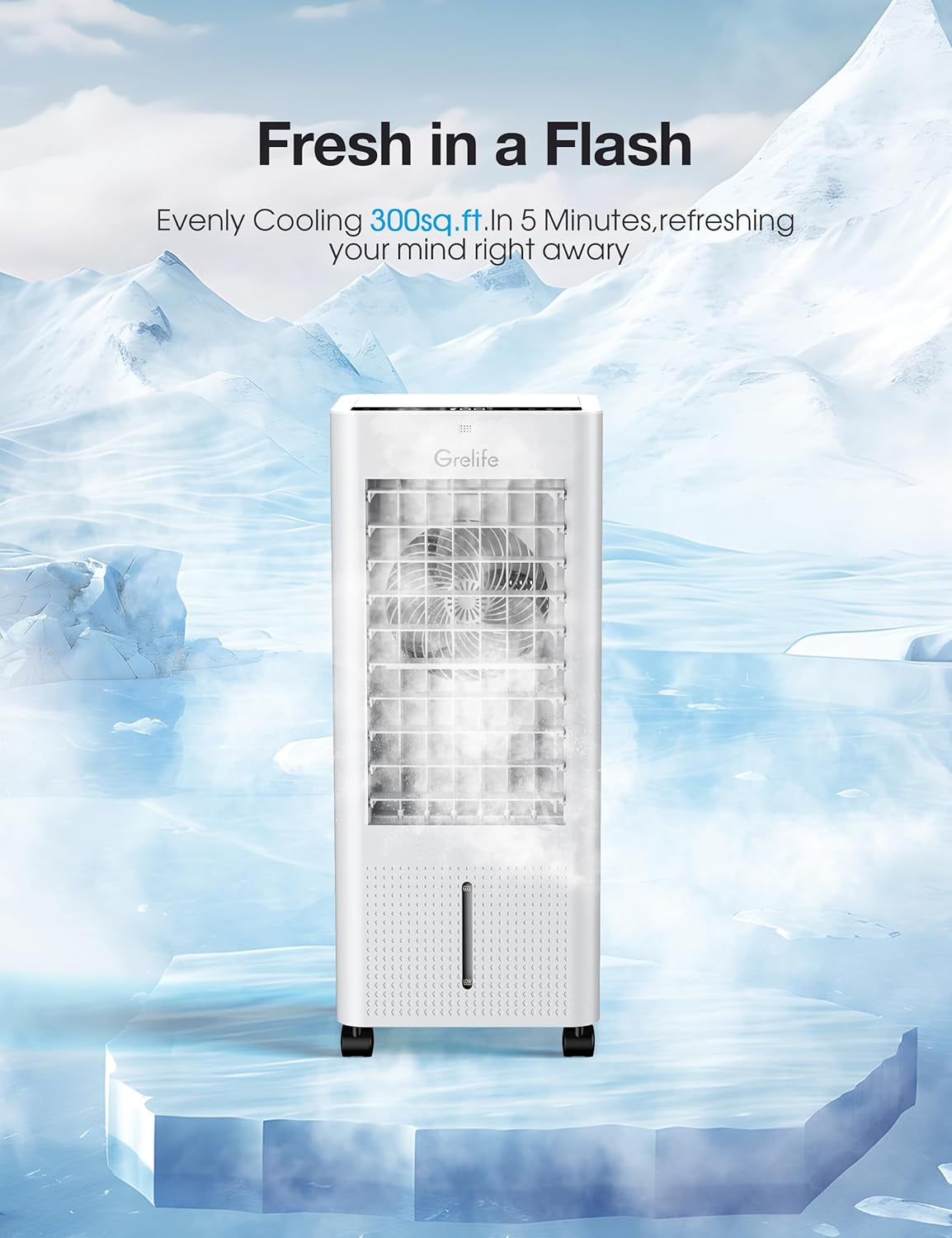 3-IN-1 Portable Evaporative Air Cooler,Grelife Air Cooler Cooling Fan with 4 Ice Packs,12H Timer,1.58Gal Water Tank,Remote Control,3 Modes,3 Speeds, Personal Swamp Cooler for Bedroom Home Office