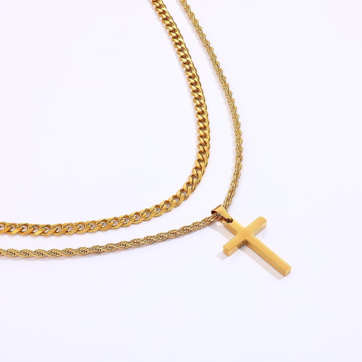 Valentines Gifts for Him - 2 Pcs Cross Necklace Chain for Men and Women, Layered Mens Cross Necklaces Stainless Steel Pendant Cuban Link Rope Chain 16-26 Inch, Jewelry Gift