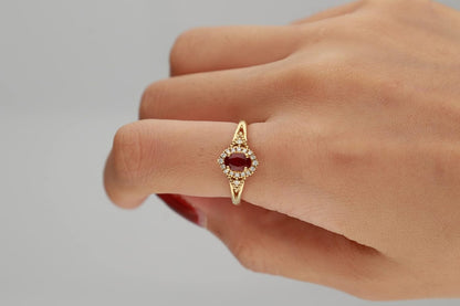 10K Yellow Gold Mozambique Genuine Ruby Ring with Diamonds for Women | Ethically, Authentically & Organically Sourced (Oval-Cut) Shaped Ruby Hand-Crafted Jewelry for Her | Ruby Ring for Women