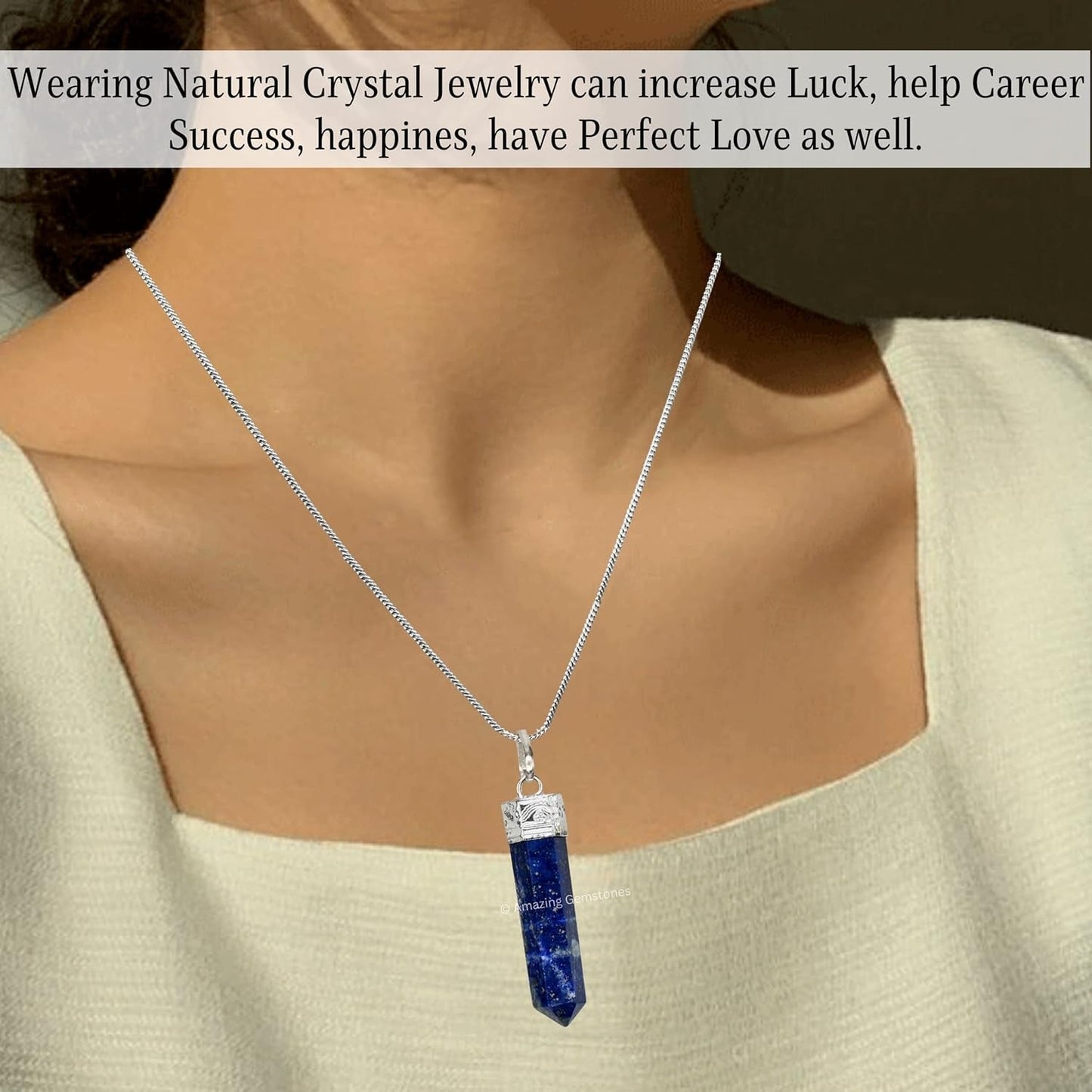 Lapis Lazuli Crystal Pencil Point Pendant Necklace with Adjustable Cord - Natural Healing Crystals and Stones for Men, Women