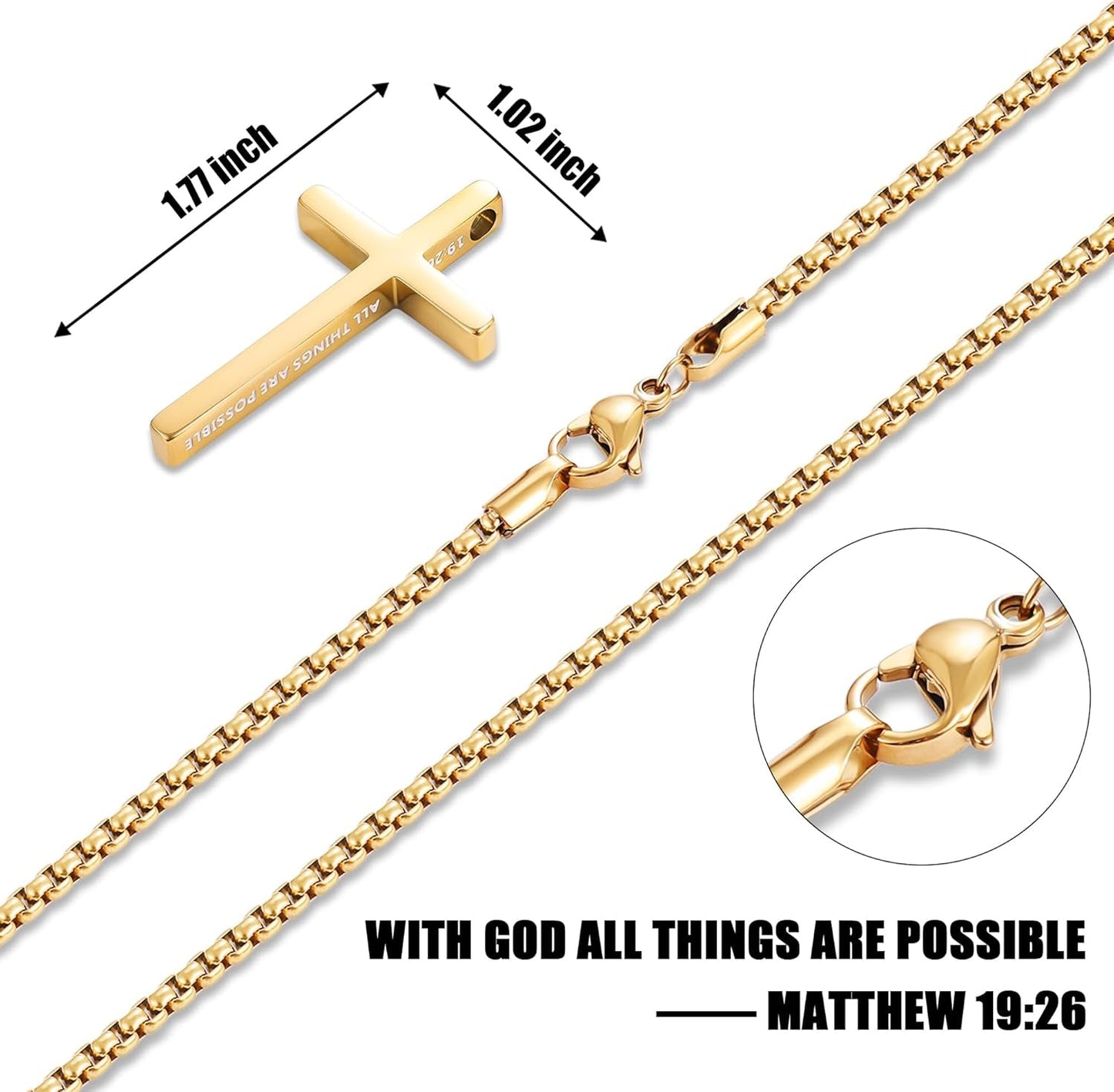 Cross Necklace for Men, Inspirational Bible Verse Cross Chain for Men, Stainless Steel Box Necklace, Religious Christian Jewelry Gift